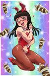  :d animal_ears black_hair blush bow brown_eyes bunny_ears bunnysuit calpara chiaki_kurihara glasses heart high_heels highres hime_cut kneeling long_hair miniskirt_pirates open_mouth pantyhose parfait red-framed_eyewear semi-rimless_eyewear shoes smile solo spoon sweatdrop under-rim_eyewear wrist_cuffs 