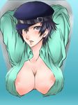  akhm areolae arms_behind_head blue blue_eyes blue_hair blush breast_mousepad breasts cabbie_hat cleavage covered_nipples hair_between_eyes hat large_breasts lips mousepad nipples open_clothes open_shirt persona persona_4 shirogane_naoto shirt short_hair solo upper_body wavy_hair 