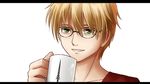  arthur_pendragon_(fate) bespectacled blonde_hair casual chien_zero command_spell cup fate/prototype fate_(series) glasses green_eyes letterboxed male_focus mug solo white_background 