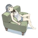  barefoot couch headphones headphones_around_neck looking_at_viewer original shorts side_ponytail silver_eyes silver_hair simple_background sitting solo tko_(kkk66) white_background 