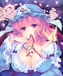  between_breasts breasts bug butterfly cherry_blossoms cleavage frills ghost hat insect large_breasts mouth_hold petals pink_eyes pink_hair ribbon saigyouji_yuyuko shinia short_hair solo touhou triangular_headpiece 