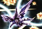  armor artist_request explosion fire flame flying full_body gundam gundam_00 highres machinery mecha mechanical_wings no_humans wings 