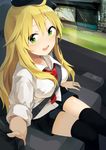 between_breasts black_legwear blonde_hair blush breasts green_eyes hat hoshii_miki idolmaster idolmaster_(classic) long_hair medium_breasts necktie open_mouth rin_(royal) seatbelt sitting sleeves_rolled_up solo strap_cleavage thighhighs 