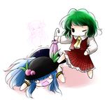  blue_hair blush chibi food fruit giving_up_the_ghost green_hair hat highres hinanawi_tenshi kazami_yuuka long_hair lying masochism multiple_girls o_o on_stomach peach short_hair solid_circle_eyes touhou umbrella wavy_mouth yume_shokunin 