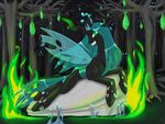  annoying_watermark blue_eyes changeling chrysalis cocoon fangs female feral flames forest friendship_is_magic green_eyes group looking_at_viewer male my_little_pony night queen_chrysalis_(mlp) rock shalonesk sky smile stars tree watermark wings wood 