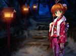  bag brown_hair card_captor_sakura child flower green_eyes hair_flower hair_ornament highres japanese_clothes kimono kinomoto_sakura lantern mutsuki_(moonknives) path road scarf short_hair smile yukata 