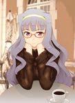  bespectacled glasses grey_hair hairband hands_on_own_cheeks hands_on_own_face idolmaster idolmaster_(classic) kesuida long_hair looking_at_viewer pov_across_table purple_eyes shijou_takane sitting smile solo sweater very_long_hair wavy_hair 