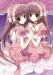  absurdres black_eyes brown_hair copyright_request dress frills highres holding_hands inugami_kira lolita_fashion multiple_girls siblings sisters too_many too_many_frills twins 