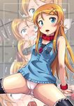  aqua_eyes blonde_hair blush collar cuffs dress hair_ornament hairclip hidaka_toworu kousaka_kirino long_hair ore_no_imouto_ga_konna_ni_kawaii_wake_ga_nai panties pinafore_dress shackles solo thighhighs underwear 