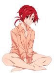  barefoot blush dress_shirt full_body grin hino_akane_(smile_precure!) indian_style looking_at_viewer naked_shirt ponytail precure red_eyes red_hair shirt short_hair simple_background sitting sleeves_rolled_up smile smile_precure! solo touryou white_background 