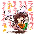  &gt;_&lt; :d animal_ears brown_hair bunny_ears carrot chibi closed_eyes guitar inaba_tewi instrument musical_note okome_(kome_kuma) open_mouth smile solo standing standing_on_one_leg touhou 