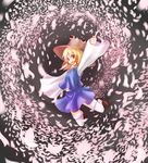  arm_up baram blonde_hair blurry cherry_blossoms depth_of_field dot_nose hair_ornament hair_ribbon happy hat highres jumping loafers moriya_suwako open_mouth petals pointing ribbon shoes short_hair skirt solo thighhighs touhou white_legwear wide_sleeves wind yellow_eyes zettai_ryouiki 