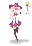 :d bad_id bad_pixiv_id black_legwear bow detached_sleeves hair_bobbles hair_ornament hat highres magical_girl mirakurun one_eye_closed open_mouth pink_hair smile solo thighhighs twintails wand witch_hat yoshino-9 yuru_yuri 