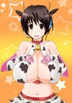  animal_ears animal_print banshi_ryuu bell bell_collar black_hair breasts brown_eyes collar cow_bell cow_ears cow_horns cow_print elbow_gloves gloves headset highres horns idolmaster idolmaster_cinderella_girls large_breasts oikawa_shizuku open_mouth short_hair solo 