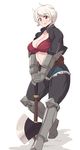  armor axe breasts curvy elf hips kuruta large_breasts plump pointy_ears red_eyes short_hair smile thick_thighs thighs toned weapon white_hair wide_hips 