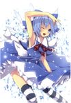  arm_up armpits bare_shoulders blue_eyes blue_hair blush bow cirno dress hair_bow highres ice ice_wings looking_at_viewer one_eye_closed open_mouth samegami short_hair skirt smile solo striped striped_legwear thighhighs touhou wings 