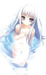  absurdres arm_support blush covering covering_breasts flat_chest from_above highres karory long_hair navel nude original silver_eyes silver_hair sitting solo water wet 
