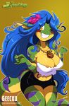  anthro areola big_breasts blue_hair blush breasts chalo cleavage clenched_teeth clothed clothing female flower gecko geecku green green_body grin hair las_lindas lizard long_hair looking_at_viewer nails necklace non-mammal_breasts one_eye_closed pose purple reptile scalie shorts skimpy smile solo standing stripes teeth thighs tight_clothing voluptuous wide_hips wink yellow yellow_body yellow_eyes 