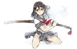  black_eyes black_hair holding katana original scabbard school_uniform serafuku sheath sheathed skirt solo squatting sword tko_(kkk66) weapon white_background 