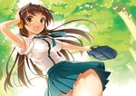  :d arm_up armpits bag brown_eyes brown_hair cable day floating_hair hand_on_headphones headphones holding kayou_(kayou-bi) long_hair open_mouth original outdoors panties panty_peek pleated_skirt school_bag school_uniform short_sleeves skirt smile solo underwear white_panties 