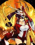  akali antlers beancurd black_hair black_legwear blood_moon_akali breasts cleavage highres large_breasts league_of_legends long_hair mask ponytail red_eyes solo thighhighs weapon 