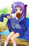  anpan bench blue_eyes blue_hair dressing food gym_uniform hair_ribbon headband highres hiiragi_kagami lucky_star mouth_hold mutsuki_(moonknives) purple_hair ribbon shorts sitting track_suit 