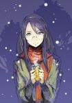  can coffee glasses headphones holding long_hair original purple_hair scarf silver_eyes snowing solo tko_(kkk66) 