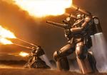  80s artist_request battle cannon dust firing gun guncannon gundam guntank highres mecha mobile_suit_gundam mountain no_humans oldschool realistic rifle science_fiction smoke war weapon 