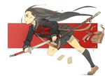  bag black_hair black_legwear blood cutting holding katana kneehighs long_hair original running school_bag school_briefcase school_uniform serafuku sheath sheathed skirt solo sword tko_(kkk66) unsheathing weapon 