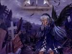  black_wings cross crying doll_joints feathers gothic_lolita hands_in_face hands_on_own_face highres lolita_fashion long_hair mutsuki_(moonknives) rain rozen_maiden silver_hair suigintou tears wings 