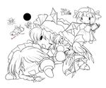  absurdres blush book cirno closed_eyes crescent daiyousei dying_message flandre_scarlet hat highres hong_meiling izayoi_sakuya knife knifed koakuma monochrome multiple_girls o_o one_eye_closed open_mouth patchouli_knowledge remilia_scarlet rumia rumia_(darkness) solid_black_thumbnail solid_circle_eyes touhou transparent_background wings yume_shokunin 