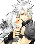  1boy 1girl aerith_gainsborough bare_shoulders blue_eyes bracelet cloud_strife earrings eyes_closed final_fantasy final_fantasy_vii fingerless_gloves gloves jewelry long_hair lowres pixiv_thumbnail short_hair silver_hair smile yue_(pixiv505659) 