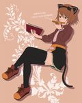  animal_ears aqua_eyes book brown_hair cat_ears cat_tail crossed_legs eating food hairband hanosuke holding holding_book open_book rita_mordio sitting skirt solo tail tales_of_(series) tales_of_vesperia thighhighs toast translated 