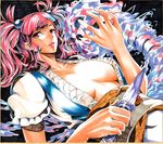  breasts breasts_apart cleavage collarbone colored_pencil_(medium) hair_bobbles hair_ornament highres kosuke_(gonzo_2010) large_breasts lips long_hair marker_(medium) millipen_(medium) onozuka_komachi pink_eyes pink_hair solo touhou traditional_media two_side_up upper_body 