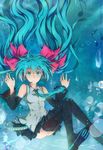  aqua_eyes aqua_hair boots bubble detached_sleeves floating_hair hatsune_miku headset highres long_hair musical_note necktie sitting skirt solo thigh_boots thighhighs twintails underwater very_long_hair vocaloid zxs1103 