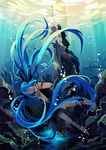  air_bubble ankle_lace-up asphyxiation bare_legs barefoot black_dress bubble closed_eyes cross-laced_footwear dress drowning feet fish hatsune_miku long_hair non-web_source ocean rock ruins seaweed shinkai_shoujo_(vocaloid) solo struggling submerged translated tsukii underwater very_long_hair vocaloid water 