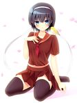  :o animal animal_on_shoulder bad_id bad_pixiv_id bird bird_on_shoulder black_hair blue_eyes blush hairband hand_on_own_chest highres looking_at_viewer navel original petals raivu school_uniform seiza sitting solo thighhighs 