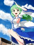 arm_up armpits blush breasts building cloud day detached_sleeves frog_hair_ornament green_eyes green_hair hair_ornament hair_tubes highres kochiya_sanae leg_up long_hair medium_breasts open_mouth orange-pengin skirt sky smile snake solo touhou 