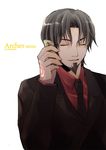  black_hair cellphone closed_eyes command_spell facial_hair fate/zero fate_(series) formal goatee iroha_(shiki) male_focus md5_mismatch necktie phone solo suit toosaka_tokiomi white_background 