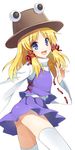  bad_id bad_pixiv_id blonde_hair blue_eyes cowboy_shot hat long_hair mauve moriya_suwako solo thighhighs touhou 