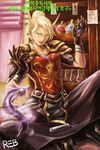  absurdres bad_id bad_pixiv_id blonde_hair blood_elf character_name earrings green_eyes highres jewelry korean pointy_ears potion rebe11 shoulder_pads solo test_tube tongue warcraft world_of_warcraft 