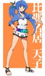  adapted_costume alternate_eye_color alternate_hairstyle bad_id bad_pixiv_id bare_legs blouse blue_eyes blue_hair feet food fruit fuantei hand_on_hip hinanawi_tenshi orange_background peach ponytail sandals shorts smile solo touhou 