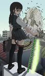  bag black_eyes black_legwear braid energy_sword from_behind glasses loafers long_hair looking_back monster original pleated_skirt red-framed_eyewear ruler school_bag school_uniform shoes skirt solo standing sukabu sword thighhighs twin_braids weapon zettai_ryouiki 