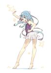  :d barefoot blue_hair hair_ribbon hair_tubes hand_on_hip hrd kannagi long_hair looking_back nagi open_mouth outstretched_arm pleated_skirt ribbon skirt smile solo star tiptoes white_skirt 