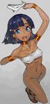  armband blue_eyes bob_cut bottomless bracelet collarbone covered_nipples cross-laced_sandals dark_skin earrings flat_chest from_above fushigi_no_umi_no_nadia grey_background hair_ornament hairclip jewelry kawarage nadia neck_ring no_panties panties purple_hair running short_hair simple_background smile solo strapless tubetop underwear 