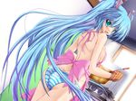  apron aqua_eyes aqua_hair ass back blush breasts dutch_angle hatsune_miku highres kitchen long_hair looking_back naked_apron no_bra open_mouth oven_mitts panties rankiryuu sideboob small_breasts solo stove striped striped_panties twintails underwear very_long_hair vocaloid 