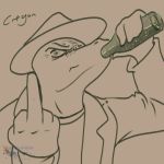  alcohol alligator angry beer beverage bottle cregon crocodile crocodilian drinking drunk fedora flipping hat male middle_finger philfox reptile scalie scowl solo topcoat 