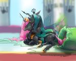  changeling corruption equine female feral friendship_is_magic green_eyes green_hair hair horse lesbian mammal my_little_pony pink_hair pony princess princess_celestia_(mlp) queen_chrysalis_(mlp) royalty tongue transformation wings 