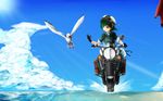  androgynous bird cloud day fur_hat gloves goggles goggles_on_head green_hair ground_vehicle hat hermes highres ilis kino kino_no_tabi motor_vehicle motorcycle reverse_trap seagull sky sleeves_rolled_up water 