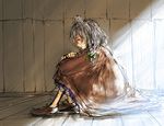  bow braid coat daro dirty grey_hair hair_bow indoors izayoi_sakuya knees_to_chest leg_hug loafers maid_headdress messy_hair red_eyes shoes sitting sketch solo sunlight touhou younger 